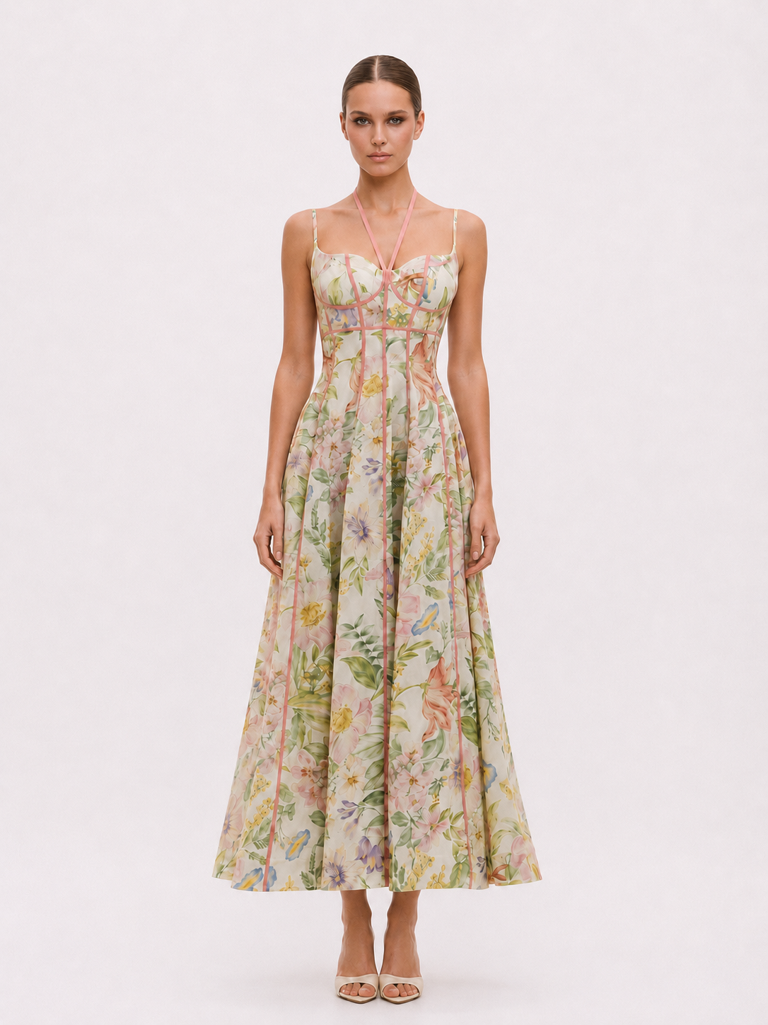 Ivory Botanical Contrast-Trim Corset Maxi Dress
