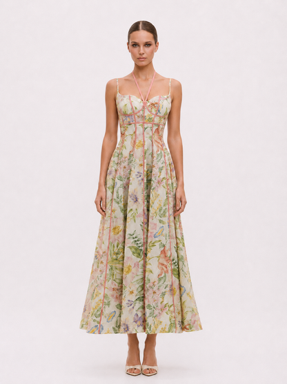 Ivory Botanical Contrast-Trim Corset Maxi Dress