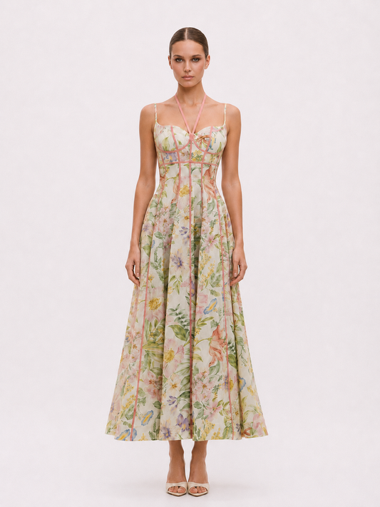 Ivory Botanical Contrast-Trim Corset Maxi Dress