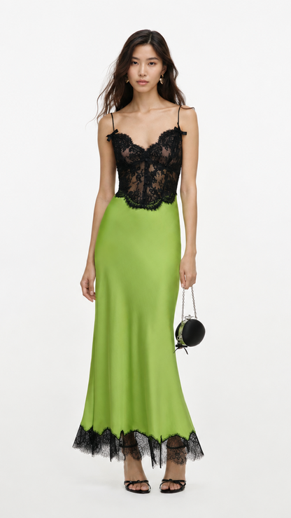 Green Satin Lace Midi Dress view 1