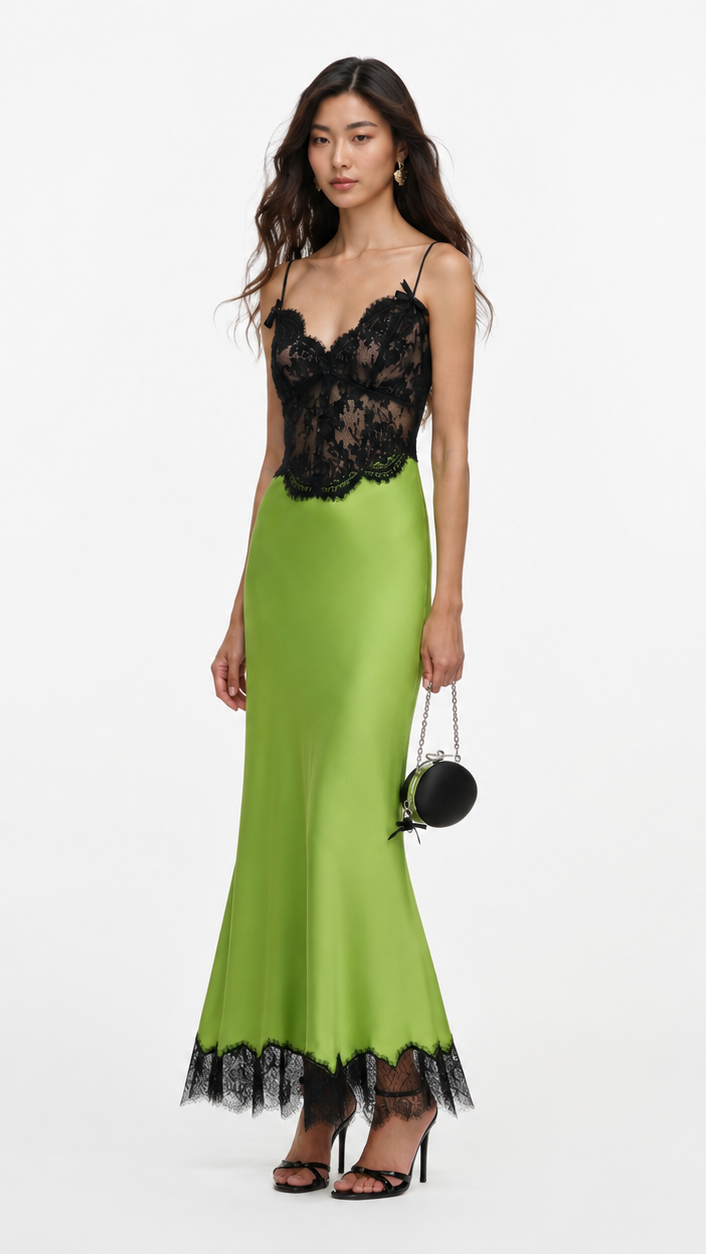 Green Satin Lace Midi Dress view 3