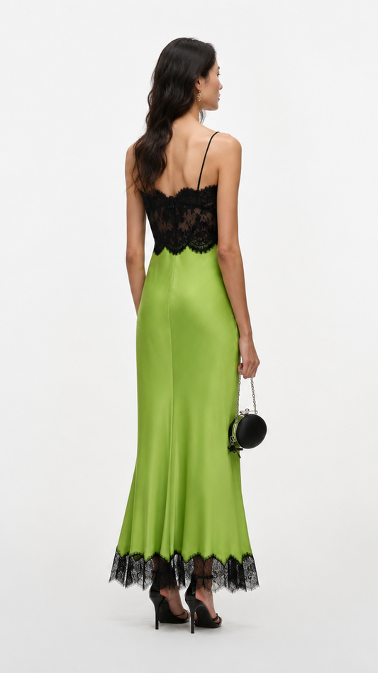 Green Satin Lace Midi Dress view 2