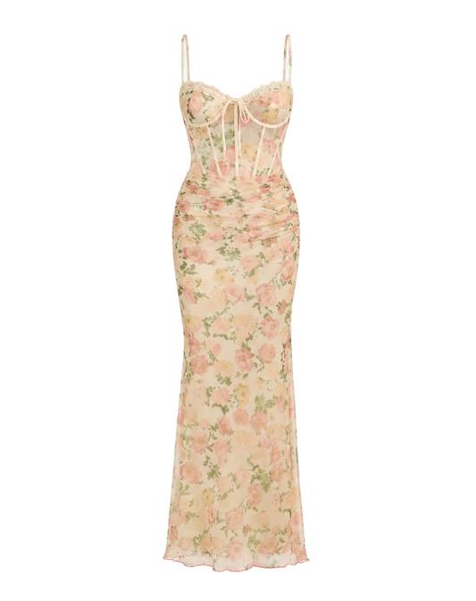 Peach Floral Print Mesh Maxi Dress