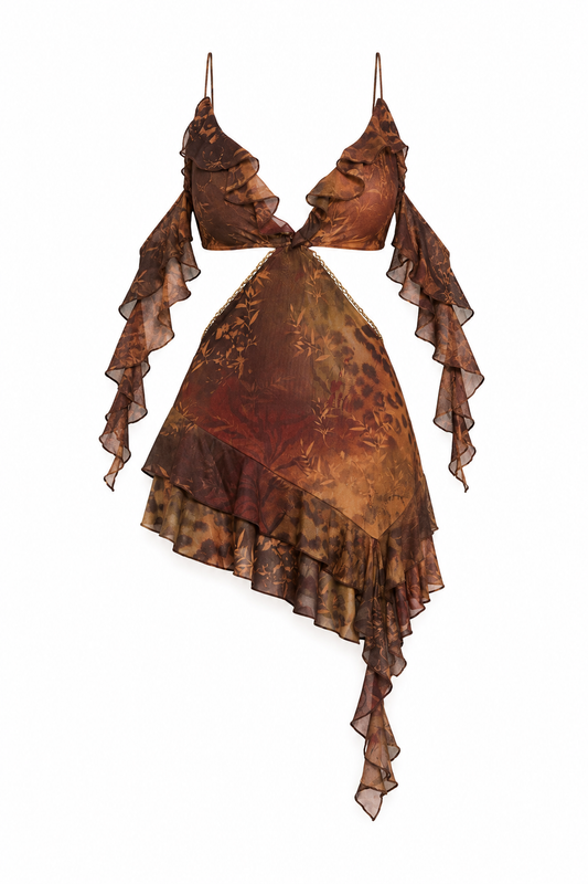 Printed Mesh Halter Cutout Dress