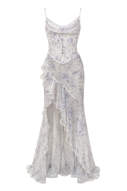 Cowl Neck Asymmetric Ruffle Maxi Dress