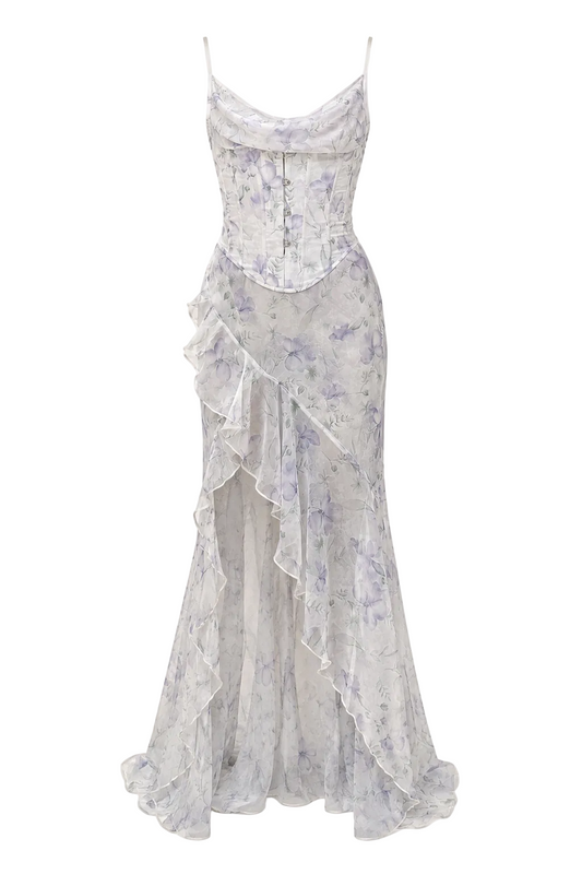 Cowl Neck Asymmetric Ruffle Maxi Dress