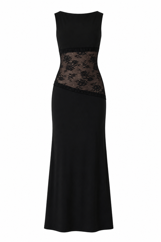 Lace Satin Backless Maxi Dress Black