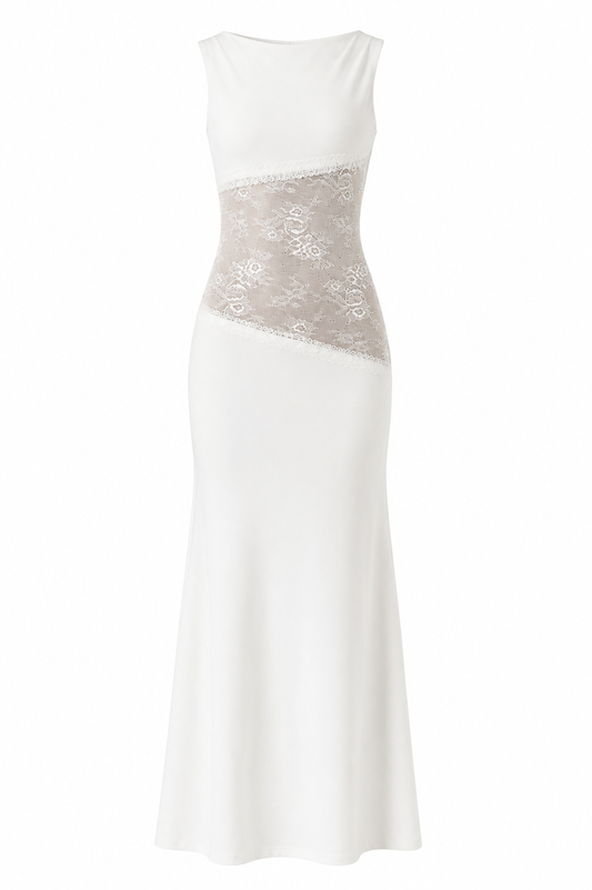 Lace Satin Backless Maxi Dress White