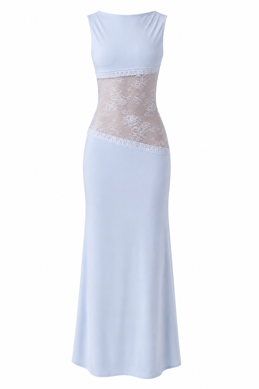 Lace Satin Backless Maxi Dress Blue