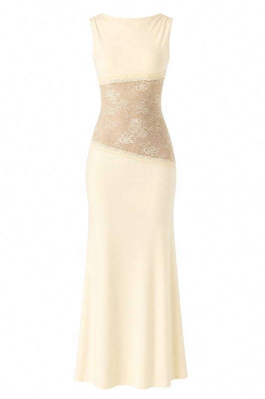 Lace Satin Backless Maxi Dress Yellow