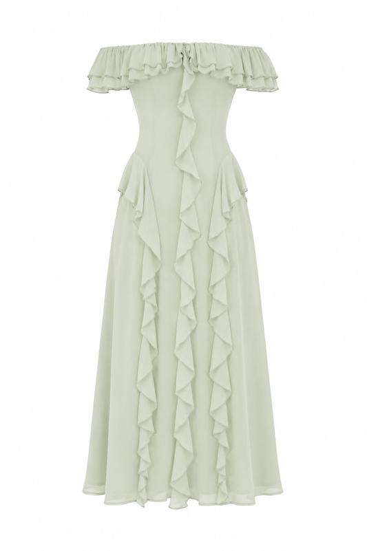 Scarlet Off-Shoulder Ruffle Trim Maxi Dress Sage