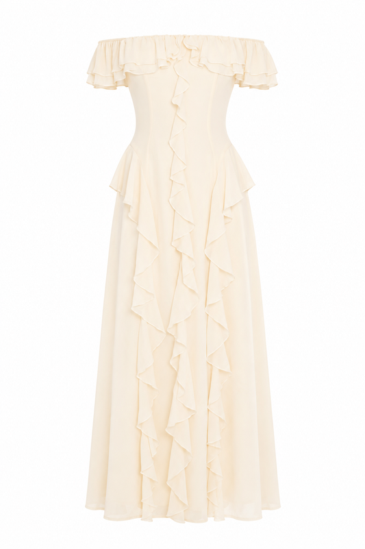 Scarlet Off-Shoulder Ruffle Trim Maxi Dress Yellow