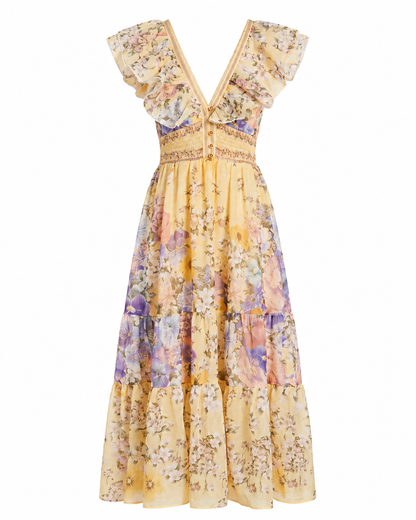 Ruffled Tiered Floral Midi Dress