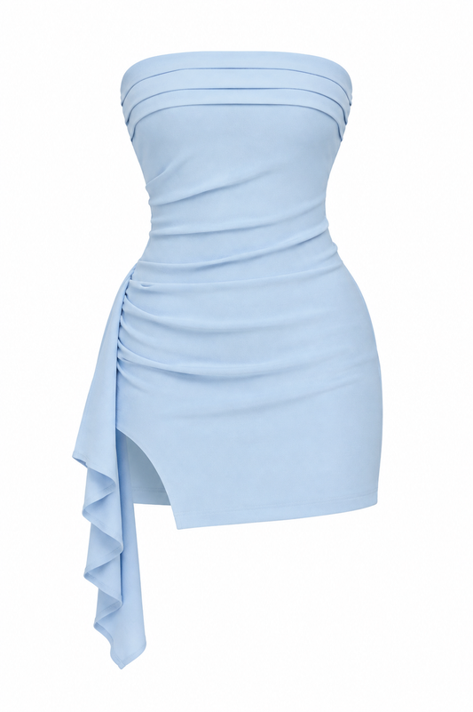 Strapless Ruched Tassel Dress in Light Blue