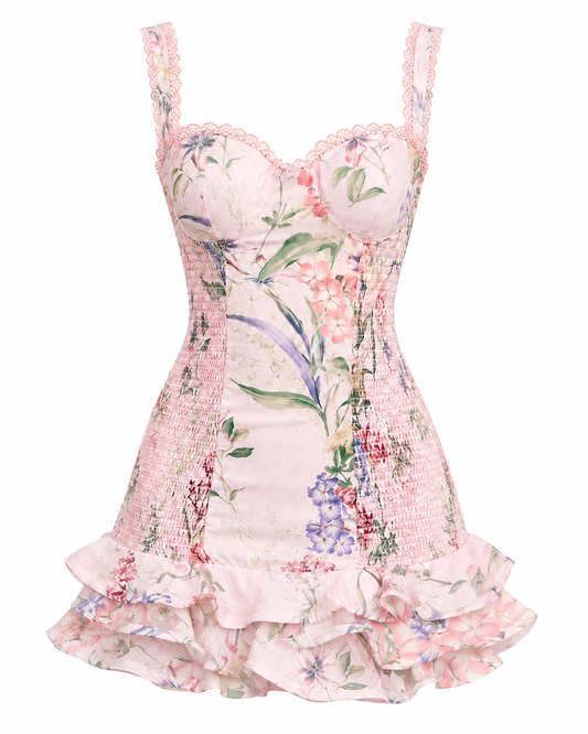 Pink Floral Lace-Trim Ruffle Mini Dress