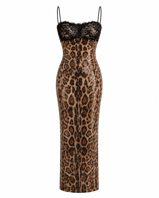 Dikla Leopard Sequin Spaghetti-Strap Maxi Dress