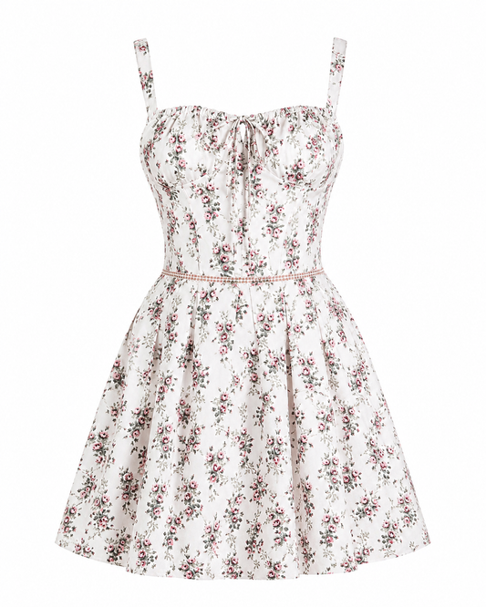 Cream Rose Print Stretch Cotton Mini Dress