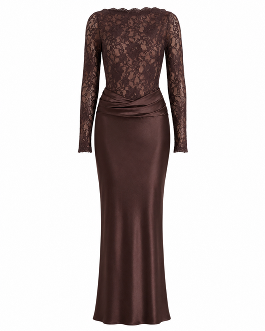 Elara Espresso Lace & Satin Two-Piece Gown