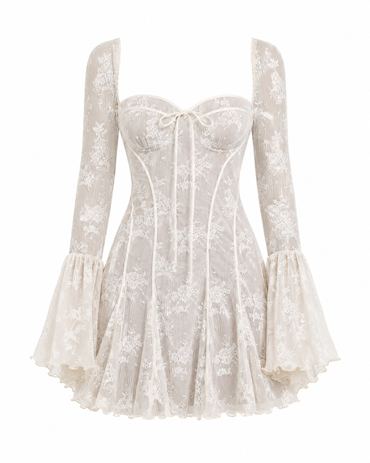White Floral Lace Bell-Sleeve Mini Dress
