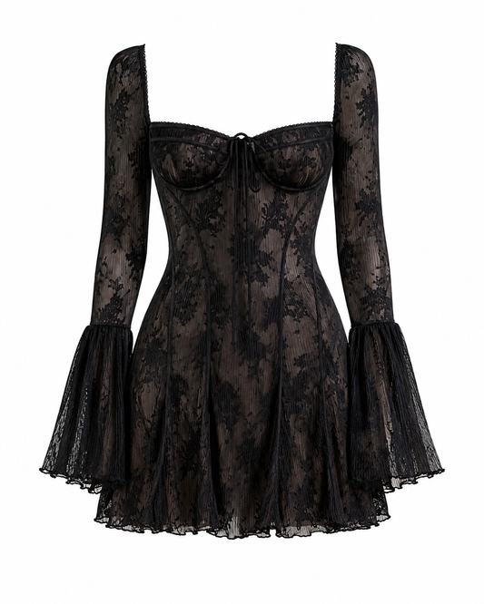 Black Floral Lace Bell-Sleeve Mini Dress
