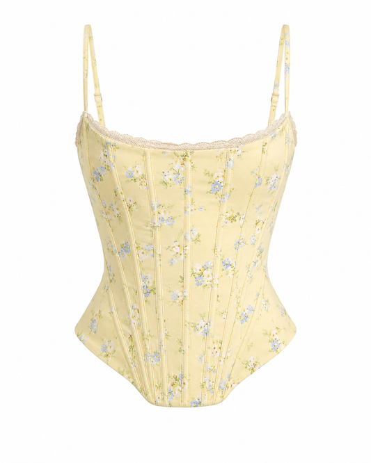 Yellow Floral Lace-Up Corset Top