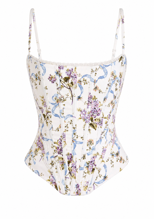 White Floral Lace-Up Corset Top