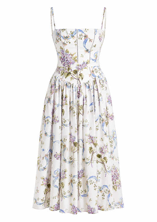 Off White Vintage Ribbon Print Cotton Midi Sundress