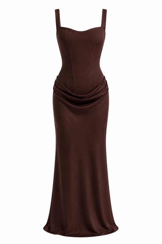 Chocolate Brown Sculpted Corset Draped Maxi Dress