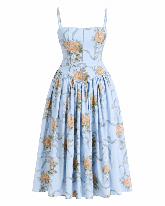 Blue Vintage Rose Print Cotton Midi Sundress