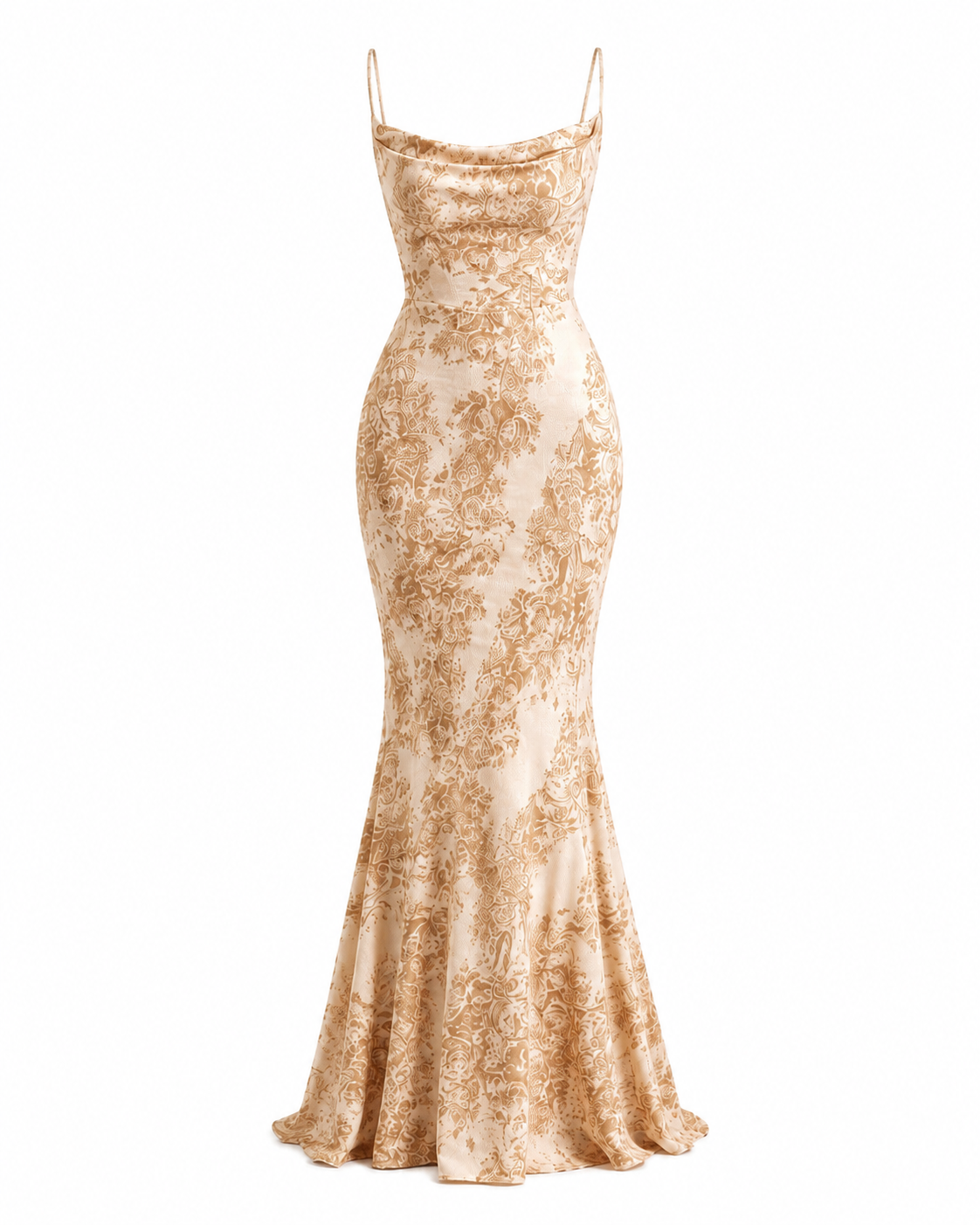 Printed Satin Fishtail Maxi Dress