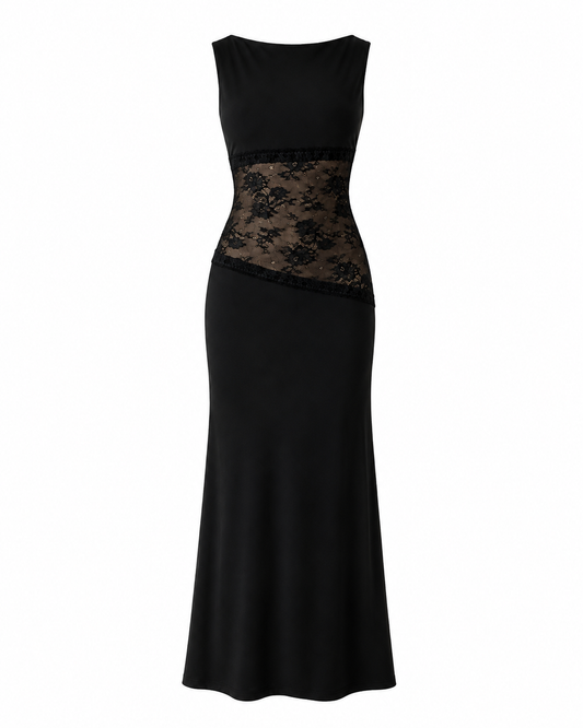 Lace Satin Backless Maxi Dress