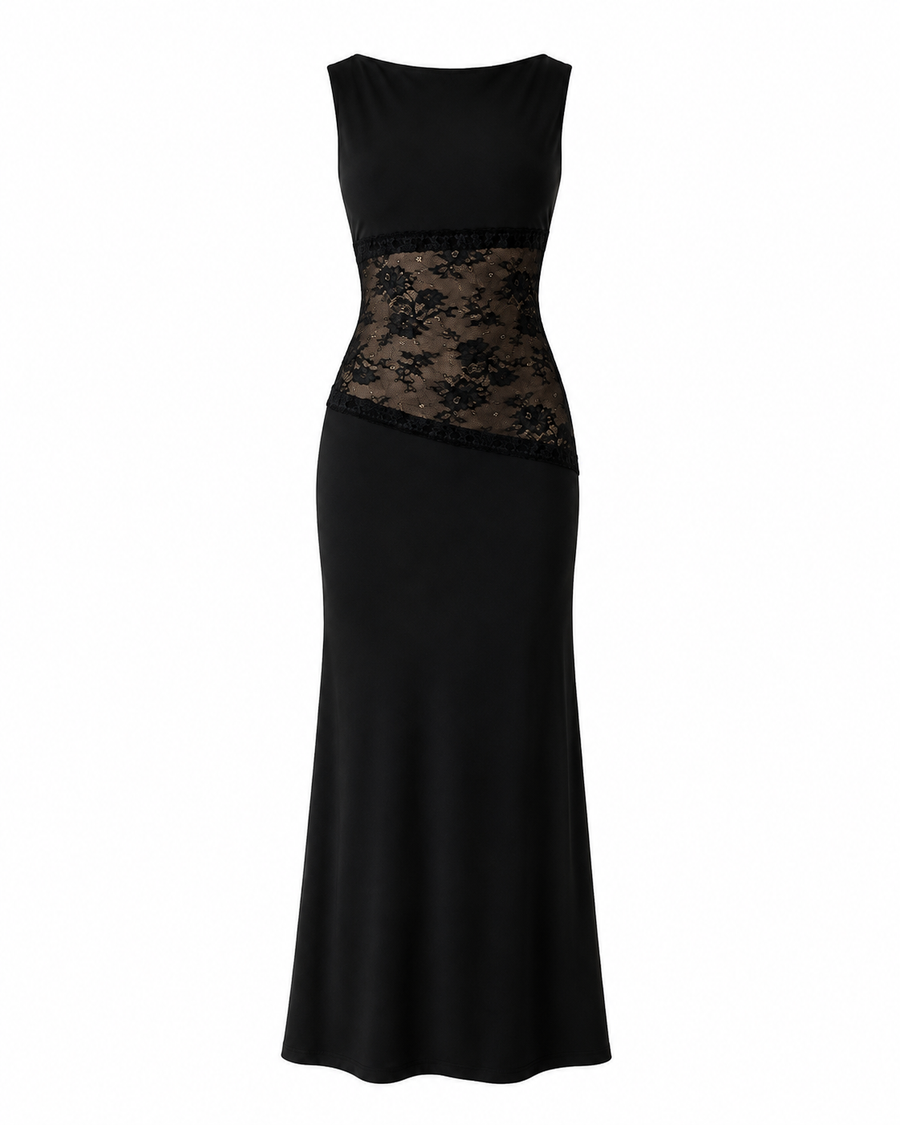 Lace Satin Backless Maxi Dress