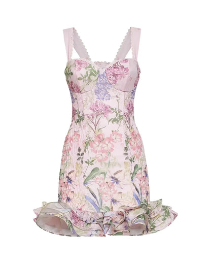 Floral Lace-Trim Ruffle Mini Dress