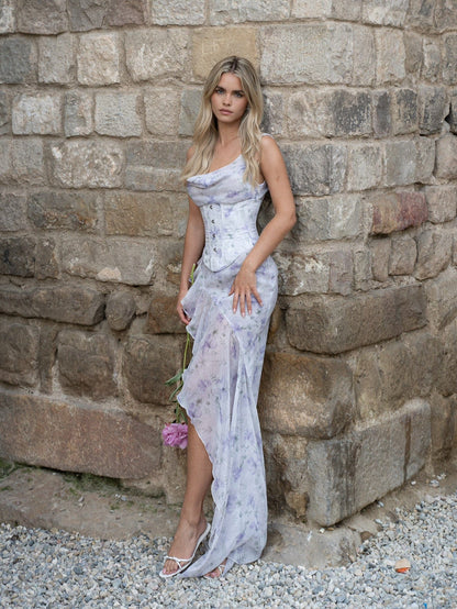 Cowl Neck Asymmetric Ruffle Maxi Dress