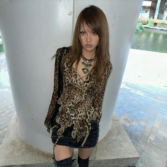 Leopard Ruffle Lace-Up Top