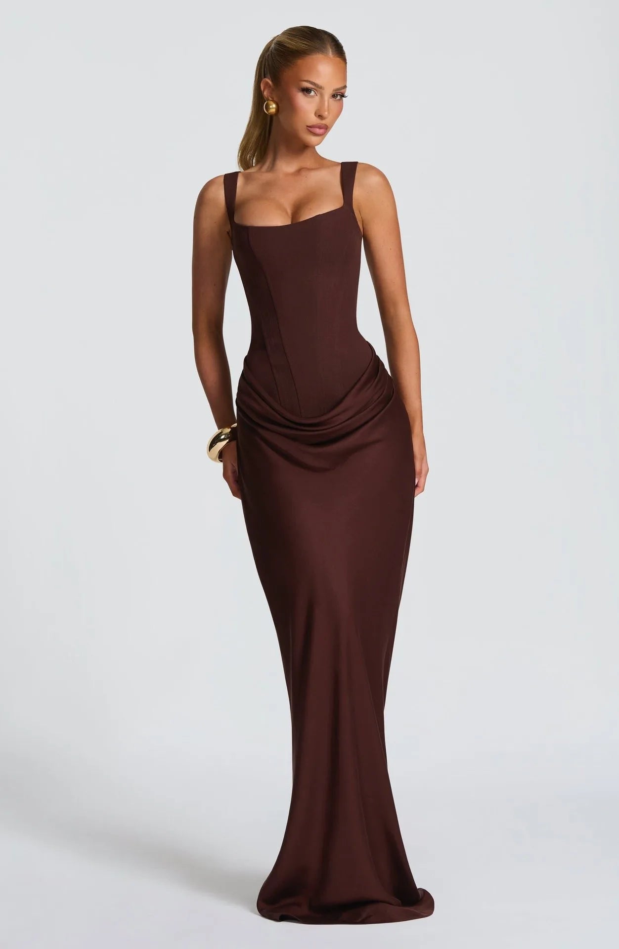 Chocolate Brown Sculpted Corset Draped Maxi Dress
