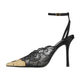 Kiva - Lace Embroidery Metal Pointed Heels Black