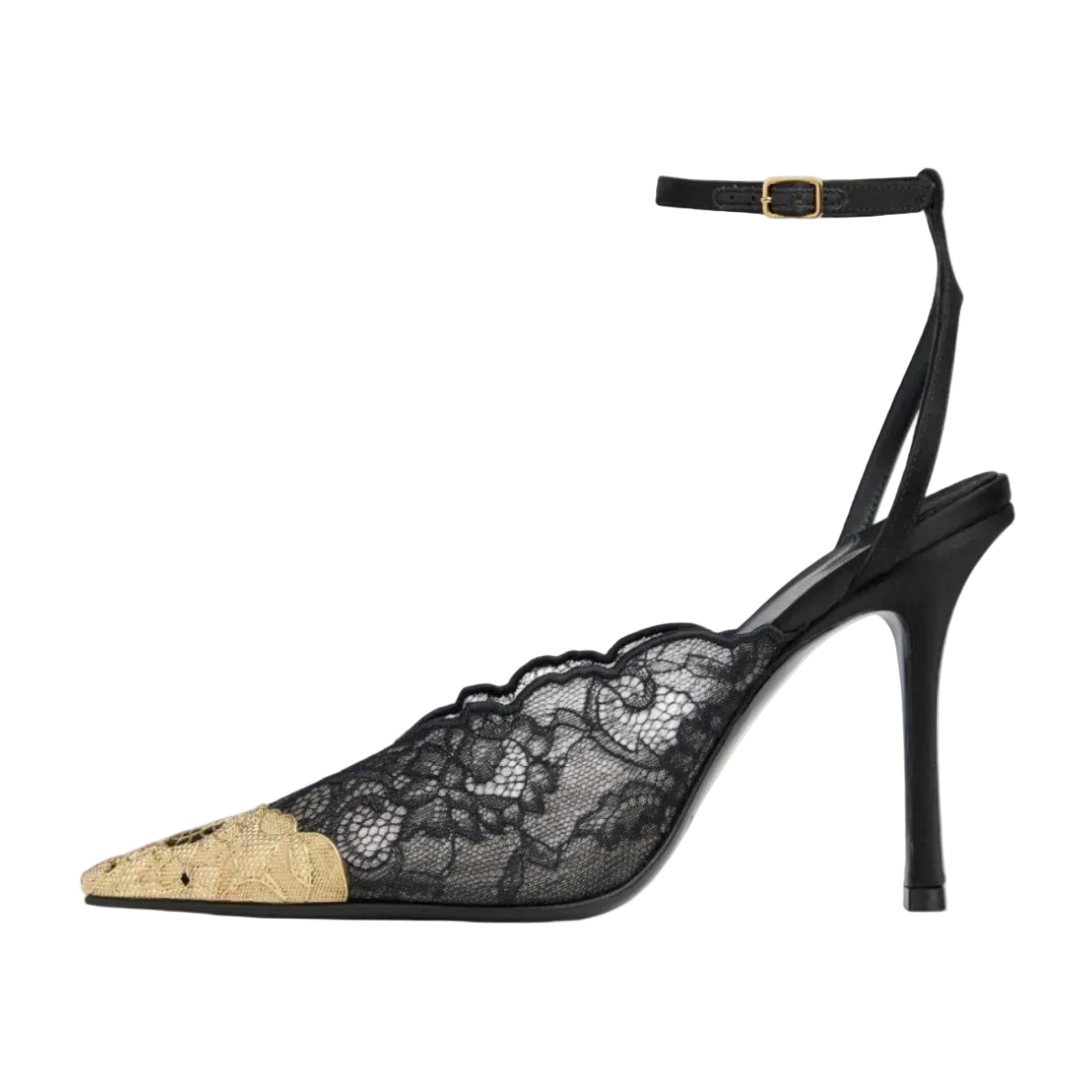 Kiva - Lace Embroidery Metal Pointed Heels Black
