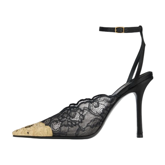 Kiva - Lace Embroidery Metal Pointed Heels Black