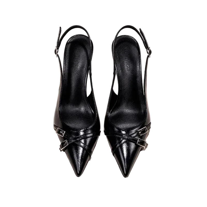 Black Double-Buckle Patent Slingback Pumps
