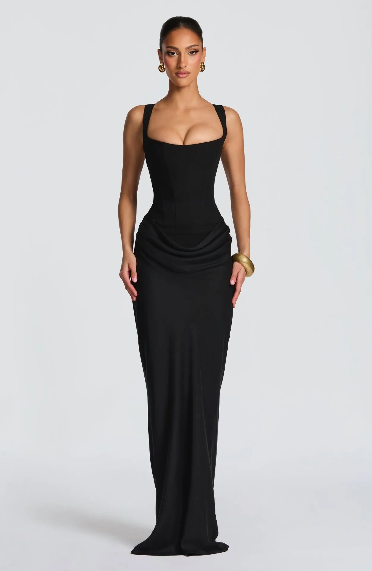 Black Sculpted Corset Draped Maxi Dress