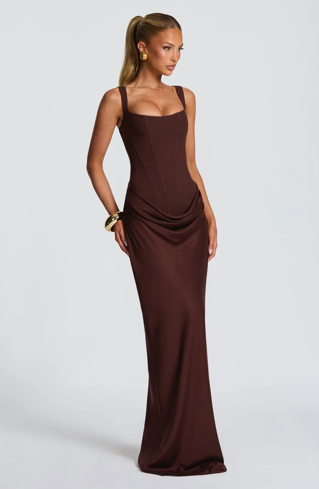 Chocolate Brown Sculpted Corset Draped Maxi Dress