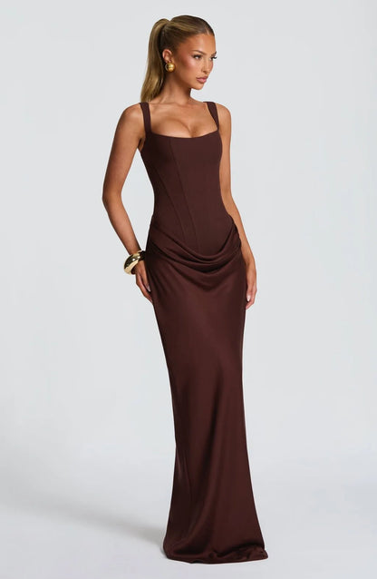 Chocolate Brown Sculpted Corset Draped Maxi Dress