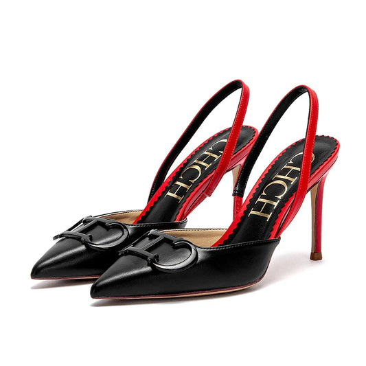 Black Pointed-Toe Buckle Slingback Pumps