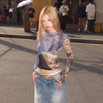 Y2K Patchwork Mesh Top
