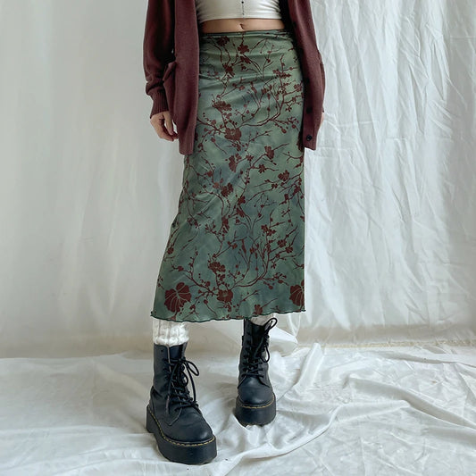 Fairy Grunge Floral Midi Skirt Green