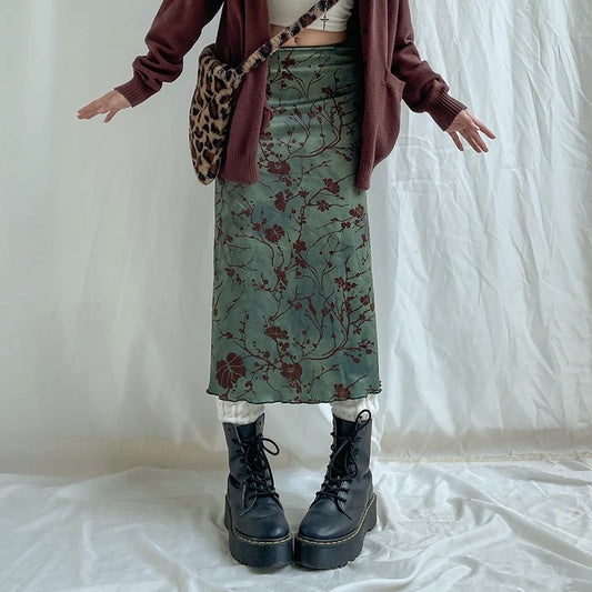 Fairy Grunge Floral Midi Skirt Green