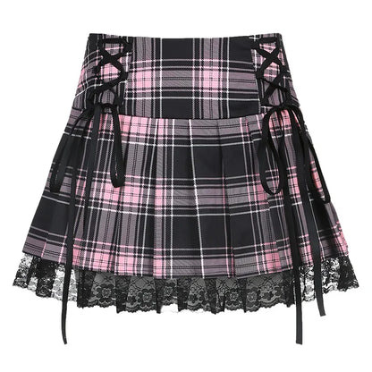 Plaid Lace-Trim Mini Skirt