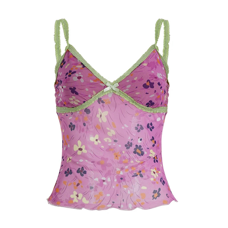 Floral Mesh Cami Top Pink