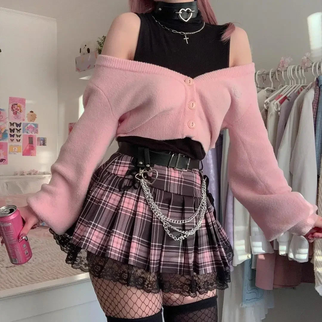 Plaid Lace-Trim Mini Skirt